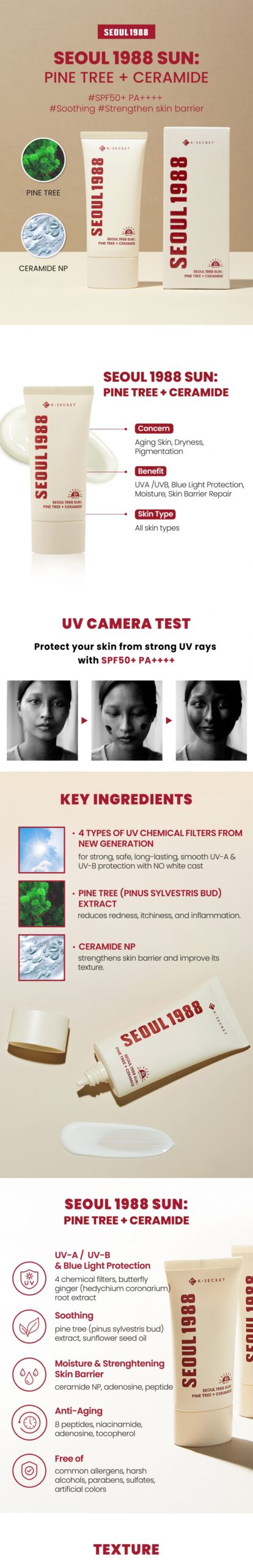 K-SECRET - Seoul 1988 Sun: Pine Tree + Ceramide SPF50+ PA++++ 50ml - Image 3